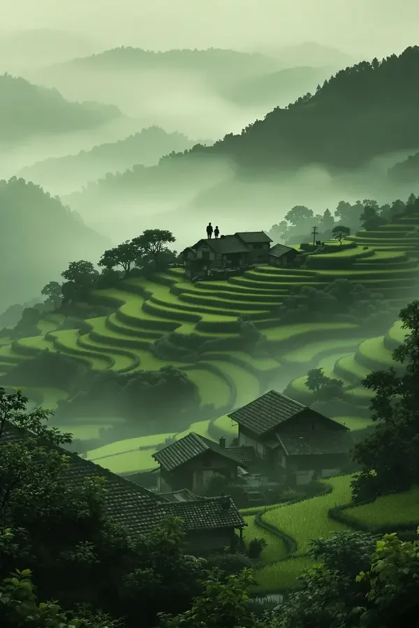 棕壤之约 - 蜜桃影视 年代剧集棕壤之约海报,八十年代乡村梯田与站在土地上的村民